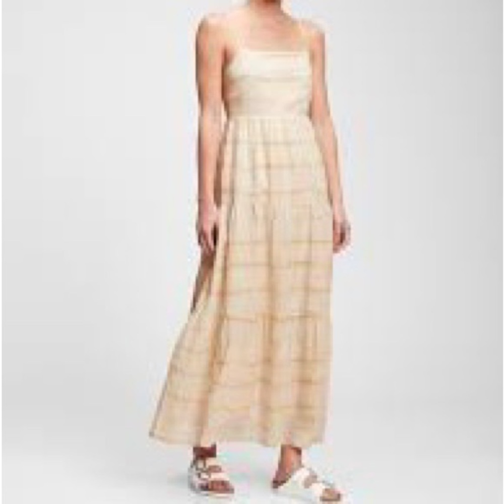 GAP Squareneck Tiered Maxi Dress Beige White Ombré Tie-Dye  Cotton Linen
